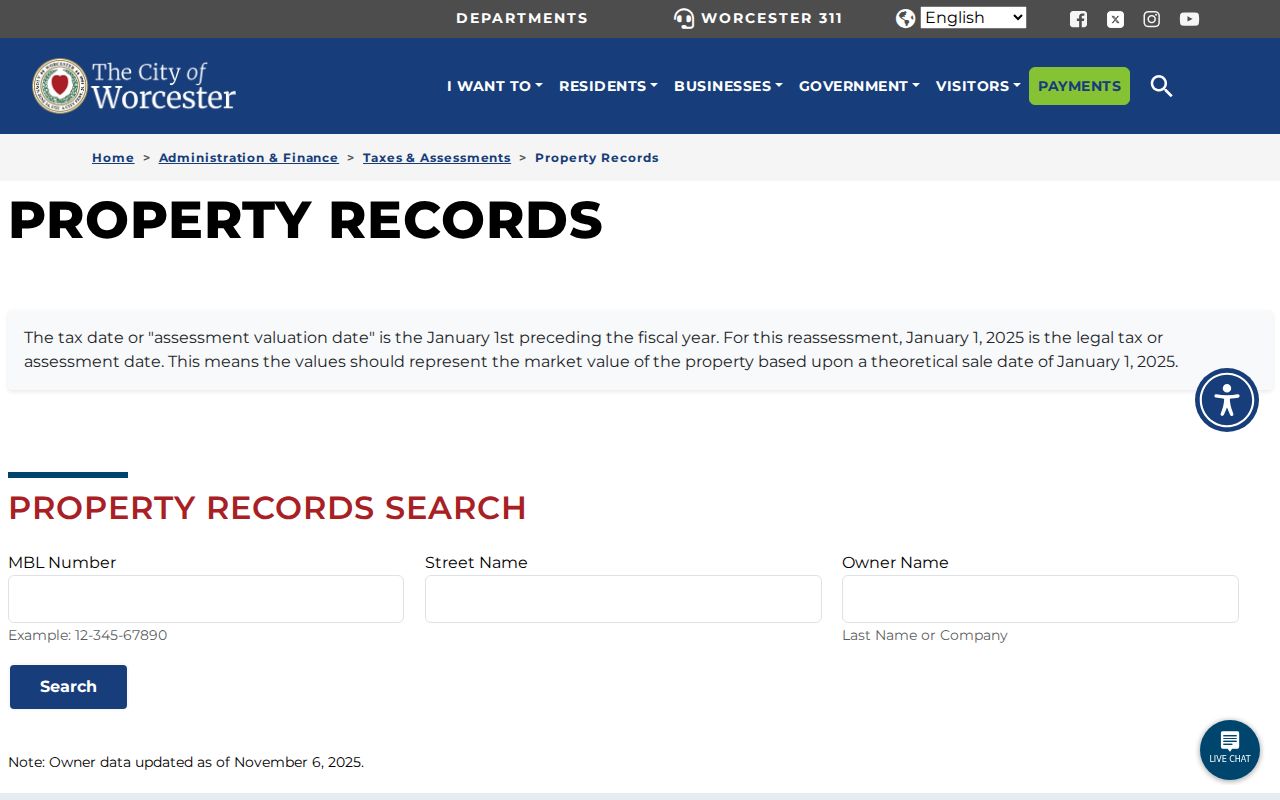 Worcester County residents directory property-record search fields