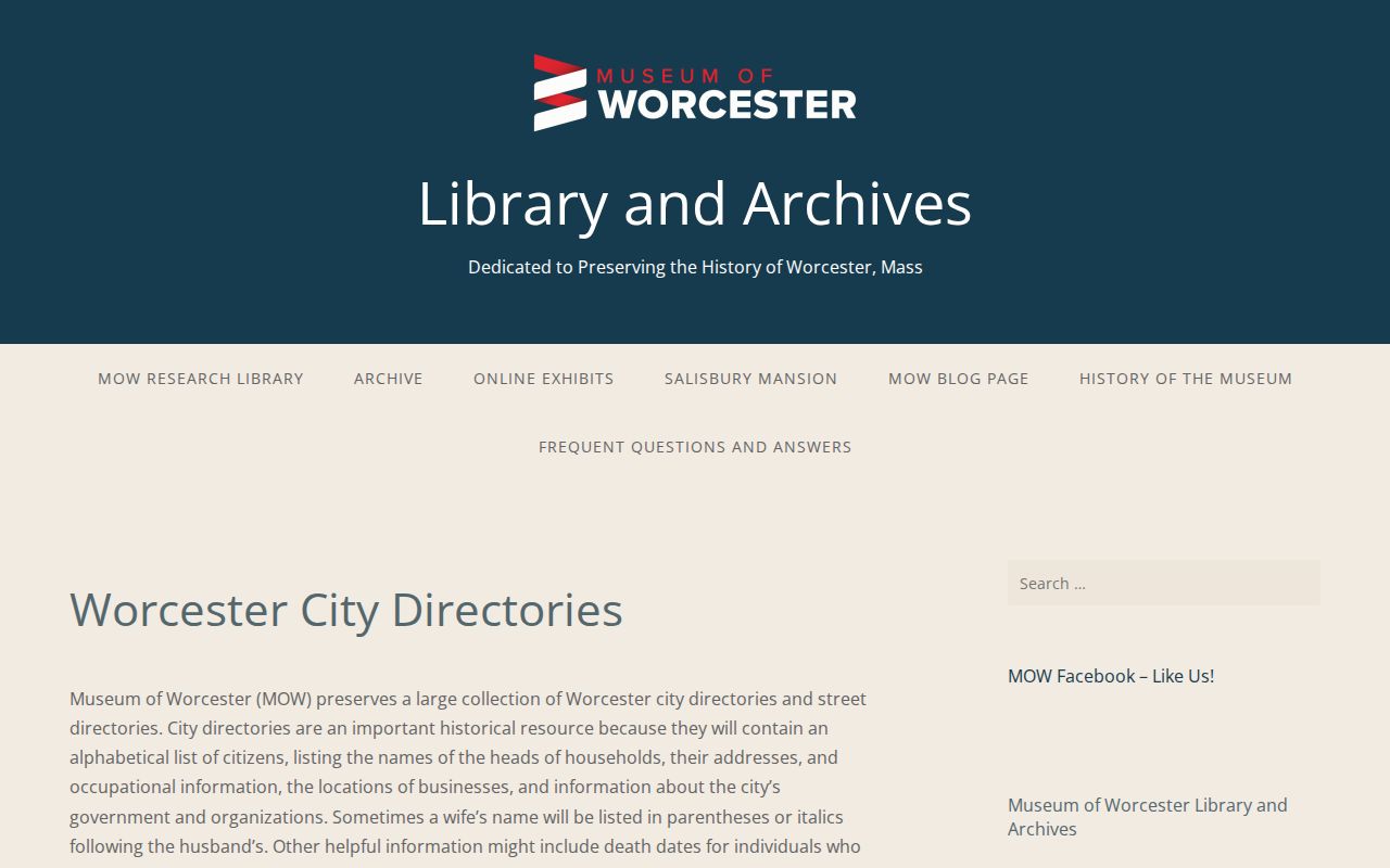 Worcester County previous residents directory collection at Worcester Historical Museum