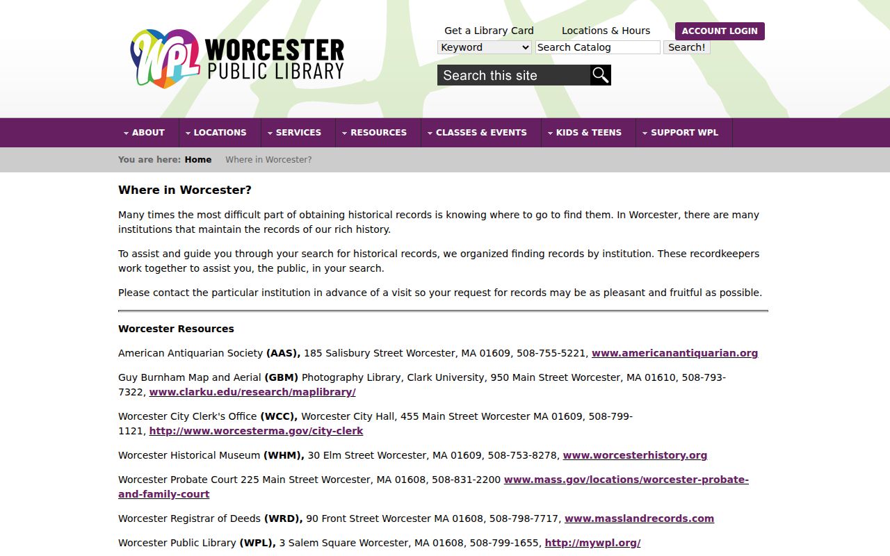 Worcester County previous residents research resources at Worcester Public Library