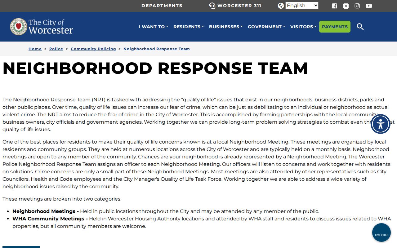 Worcester County neighbor lookup Neighborhood Response Team meeting map