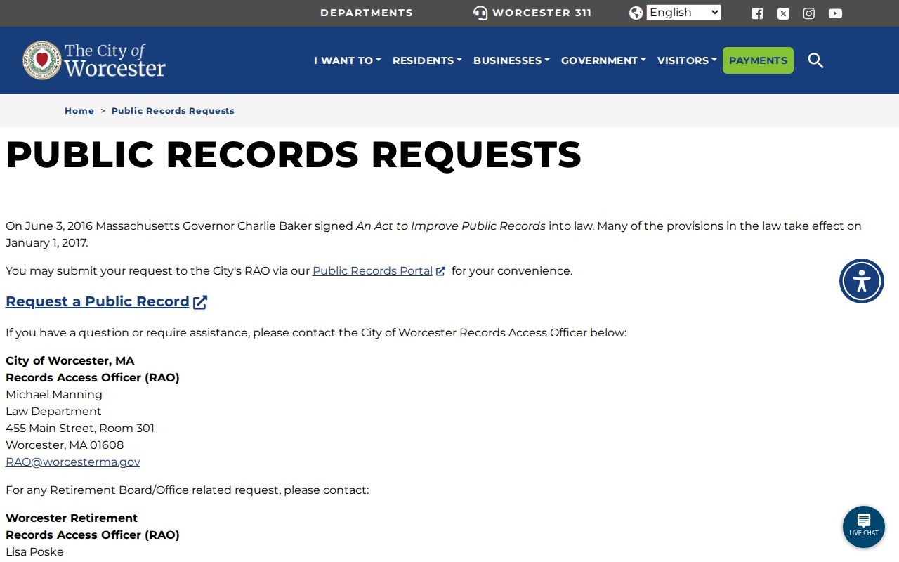 Worcester County residents directory public-records request portal